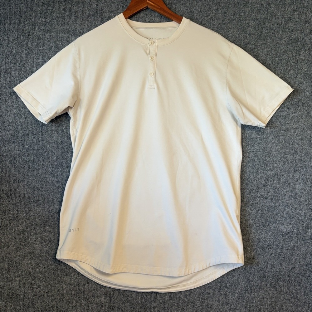 BYLT Drop Cut Lux Henley Men Size L White Short Sleeve Stretch T-Shirt Basic
